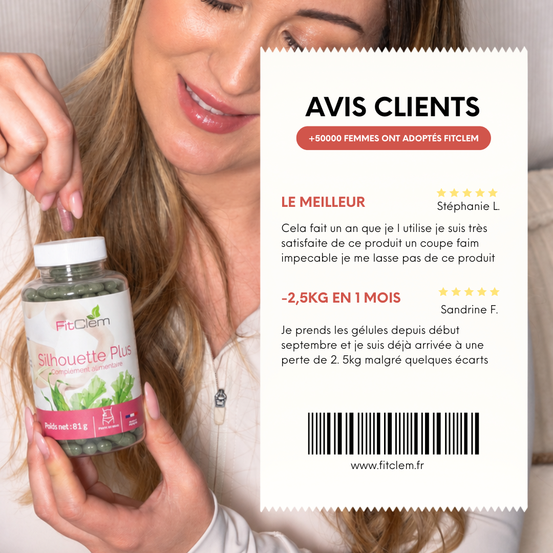 Deux avis clients cinq étoiles, dont un témoignage déclarant une perte de 2,5 kg en un mois.